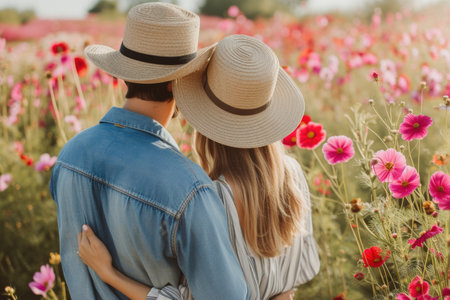 A couple in straw hats embraces, overlooking a vibrant field of flowers.の素材