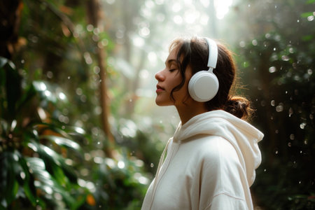 This captivating image features a woman in a white hoodie standing amidst the lush greenery of nature, lost in the melodies flowing from her oversized white headphonesの素材