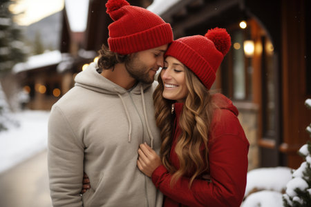 Romantic winter moments: A happy couple enjoys the snowy outdoors, their smiles reflecting the joy of togetherness during the Christmas seasonの素材