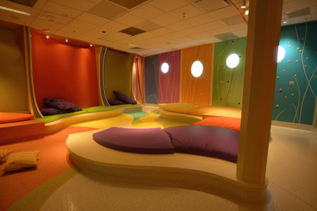 A brightly colored room featuring a circular couch as the central piece of furniture. The room exudes a lively and inviting atmosphere, creating a unique and immersive experience.の素材