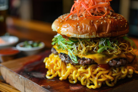 A delectable cheeseburger perfectly balanced on a wooden board, topped with a generous serving of savory noodles, creating a unique culinary fusion experience.の素材