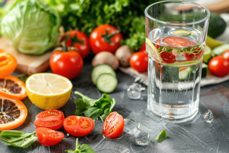A glass filled with water, adorned with slices of juicy tomatoes, crisp cucumbers, zesty lemons, and fresh lettuce leaves, creating a refreshing and healthy drink.の素材