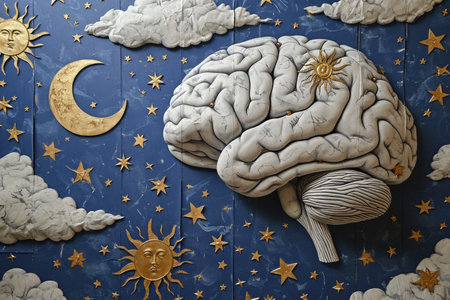A painting featuring a human brain at the center, surrounded by a cosmic backdrop of stars and the moon, symbolizing a connection between the mind and the universe.の素材