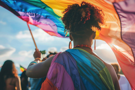 A strong woman proudly holds a rainbow flag at a vibrant pride parade, symbolizing unity, love, and acceptance.の素材