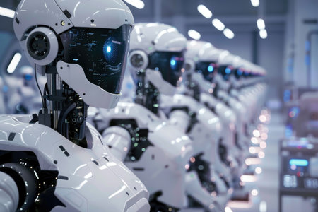 In a high-tech factory, a row of white robots diligently work together to assemble products with precision and efficiency.の素材