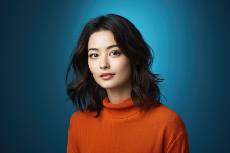 Elegant woman with a serene look, in an orange turtleneck against a blue backdrop.の素材