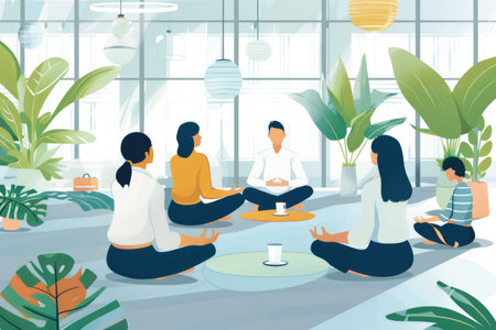 A diverse group of people sits comfortably on the floor of a stylishly decorated room. They appear engaged in conversation and teamwork, fostering a collaborative and creative environment.の素材