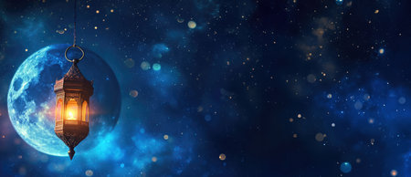Ramadan Night: Moonlit fairy tale against a dark blue sky and stars. The oriental lantern creates an atmosphere of mysteryの素材