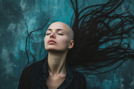 A woman with a shaved head and long hair is laying on the ground. She is looking at the camera with a peaceful expressionの素材
