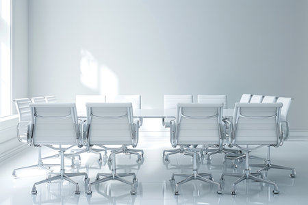 A stylish room features a collection of white chairs, creating a chic and sophisticated atmosphere for meetings and discussions.の素材
