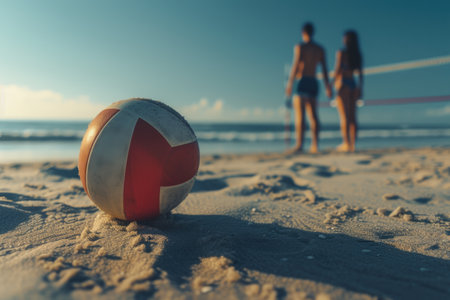 Summertime beach scene, water droplets hanging from a suspended volleyball.の素材