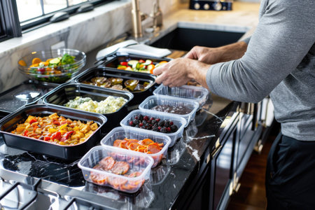 A man stands in front of a counter filled with trays of vibrant, delicious food, examining the assortment with interest.の素材