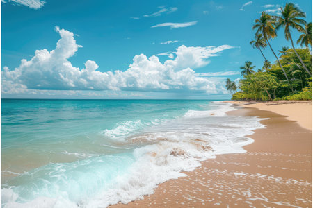 Panoramic view of the azure sea washing over a sandy beach, with waves gently rolling towards the shore.の素材