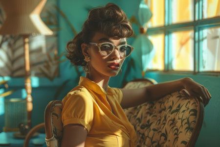 A stylish woman wearing a bright yellow dress is gracefully seated on a chair in a retro revival artistic setting.の素材