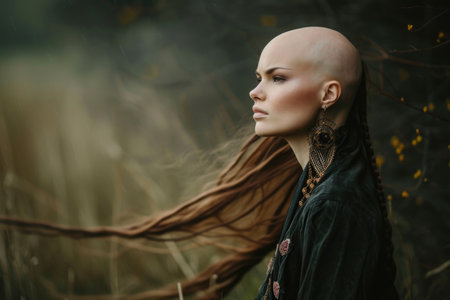 A woman with dreadlocks and a bald head stands in a field. She is wearing a black jacket and has her hair blowing in the windの素材