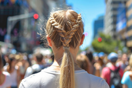 A captivating woman with a beautifully styled braid in her hair exudes elegance and charm.の素材