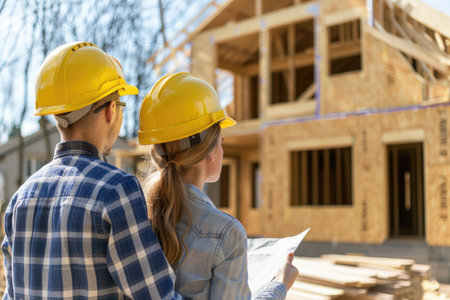 A man and woman engineer stand in front of a house under construction, discussing plans and analyzing blueprints.の素材