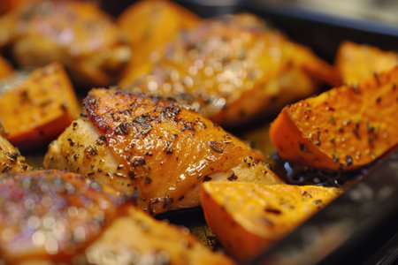 Close-up of a nutritious sweet potato cooking on a hot pan, sizzling and caramelizing to perfection.の素材