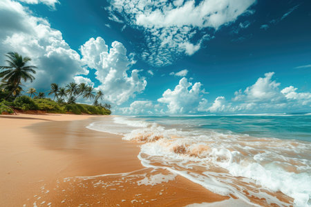 Azure waves gently wash over a sandy beach under a clear sky, creating a peaceful and picturesque scene.の素材