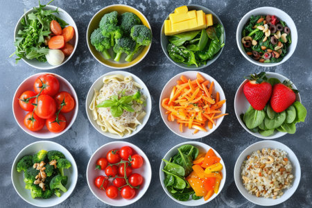 A table adorned with colorful bowls overflowing with an assortment of delicious and diverse foods.の素材