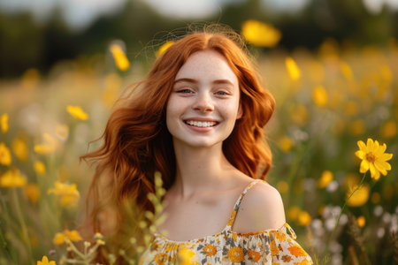 A vibrant woman with red hair stands gracefully in a field of colorful flowers, radiating joy and beauty.の素材