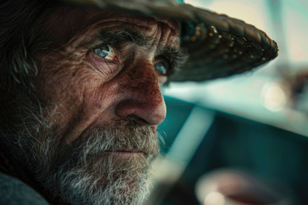 A close-up of a person, possibly a fisherman, donning a stylish hat with interesting details and textures.の素材