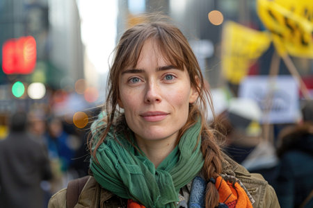 A poised woman with a serious expression wearing a scarf around her neck, exuding elegance and confidence.の素材