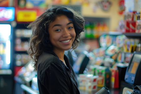A cheerful young woman stands in front of a vending machine, deciding on her snack choice with an expression of curiosity and delight.の素材