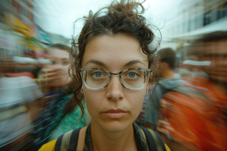 A woman wearing glasses looks directly at the camera with a calm expression.の素材