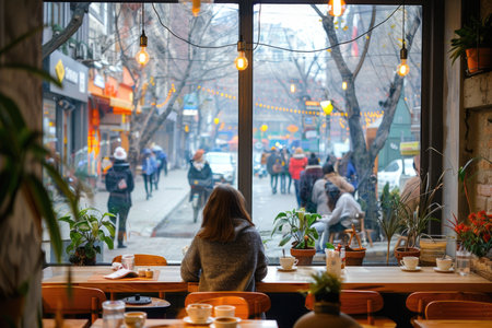 A young woman sits peacefully at a table, attentively gazing out of a window as sunlight filters in.の素材