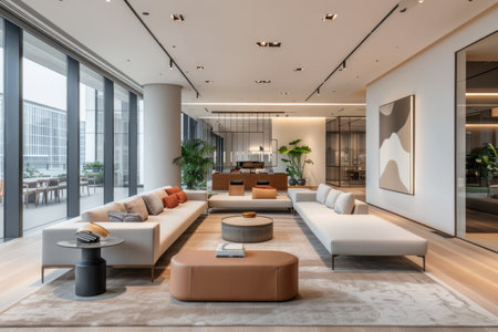A lavish living room filled with an abundance of stylish furniture pieces, creating a cozy and inviting atmosphere.の素材