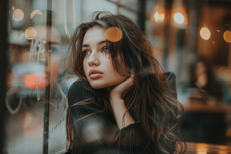 A thoughtful young woman is seated on a bench in front of a window, gazing into the distance with a serene expression.の素材