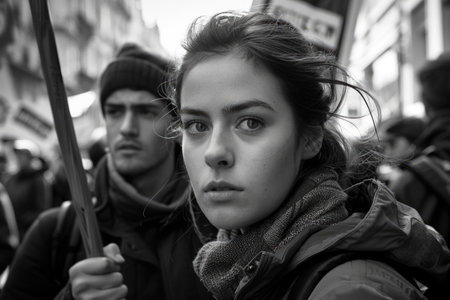 Woman in black and white, grasping a flag in the air, exuding pride and determination in a street scene.の素材