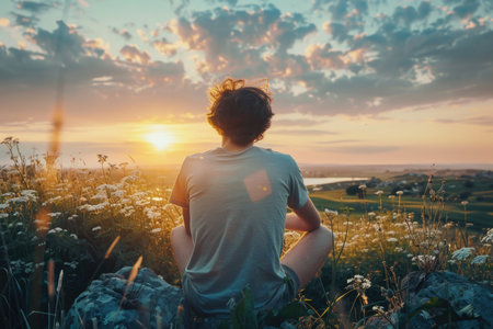 A solitary figure sits in a tranquil field, gazing towards the horizon as the sun sets in a mesmerizing display of colors.の素材