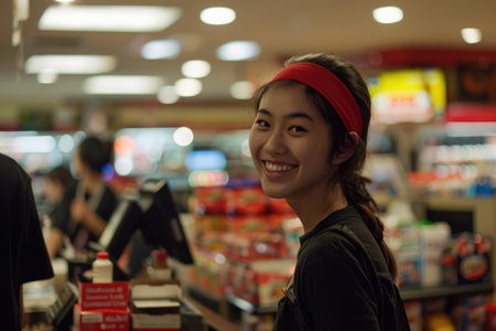 A woman standing with a red headband amidst the shelves in a store, radiating joy and happiness.の素材