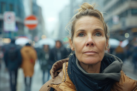 A woman stands on a city street, her serious expression matching the cold winds as she wears a stylish scarf around her neck.の素材