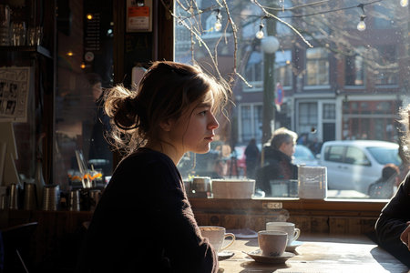 Two women are engaged in an intimate conversation at a table in front of a window inside a cozy cafe.の素材