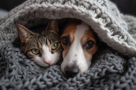 Pet bonding moment with a cat and dog peeking out from beneath a soft cover.の素材