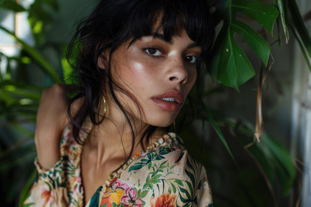 A stylish woman wearing a floral shirt poses gracefully for the camera in a chic and trendy setting.の素材