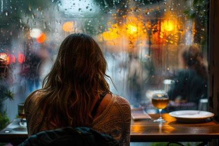 A young woman sits at a cafe table, illuminated by sunlight streaming through the window. Lost in thought, she gazes outside.の素材