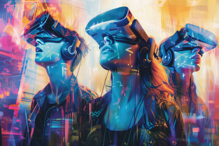 Two women wearing virtual headsets, exploring digital worlds and interacting with unseen environments through technology.の素材