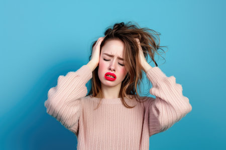 A distressed young woman on a blue background clutches her head with closed eyes and an open mouth, suggesting frustration.の素材