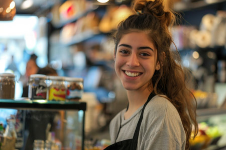 A cheerful young woman stands in front of a restaurant counter, ready to take orders and provide excellent customer service.の素材