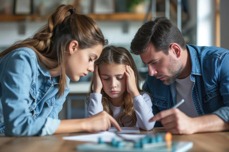 Concerned parents comforting their upset daughter, a scene of family support.の素材