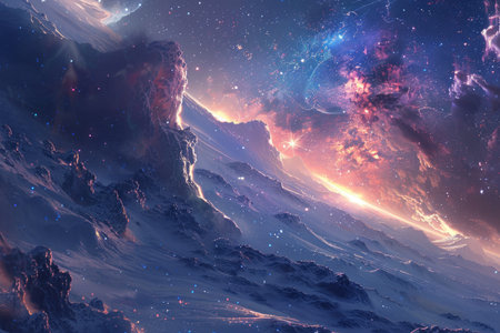 A breathtaking space scene where towering mountains reach towards the star-filled sky, creating a mesmerizing and celestial landscape.の素材