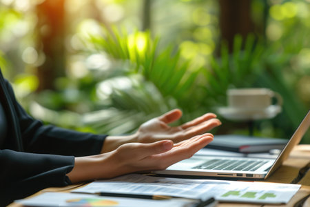 Close-up on hands during a business discussion, with charts and a laptop on the table.の素材