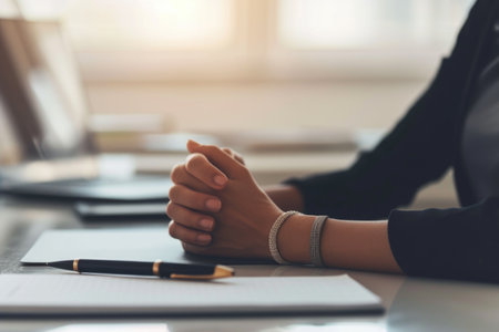 Professional woman's clasped hands at a business meeting, signifying thought or decision.の素材