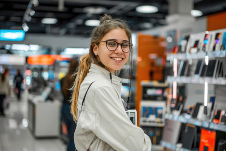 A young woman stands in a store, her face adorned with a beaming smile as she explores the products around her.の素材