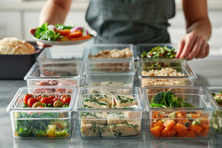 A person wearing an apron is busy preparing various ingredients and food items in plastic containers for meal prepping.の素材