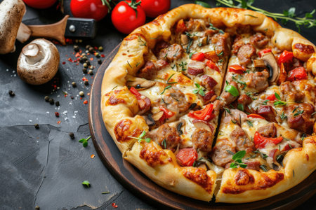 Hearty deep-dish pizza, garnished with vibrant vegetables and pepperoni.の素材